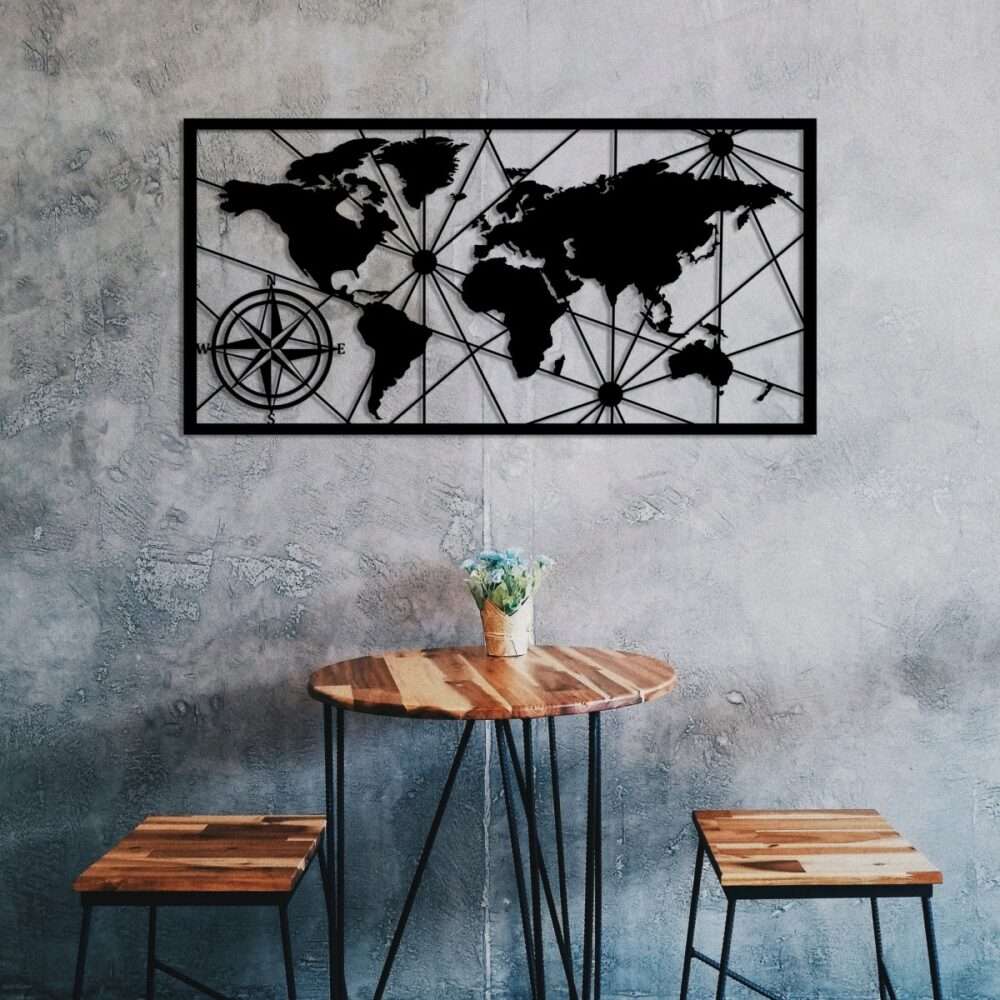 Hanah Home Nástěnná kovová dekorace Mapa světa kompas 100x50 cm černá