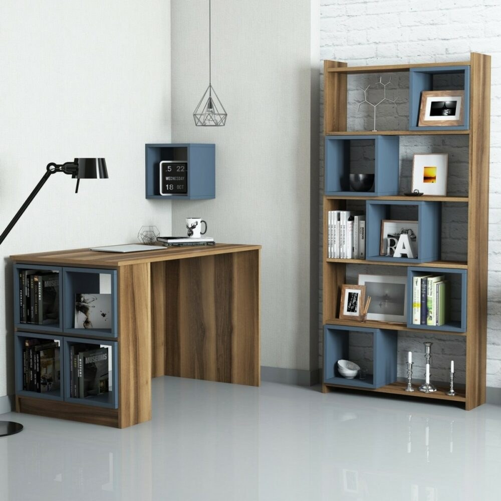 Kalune Design Psací stůl s knihovnou a policí Boxe ořech/modrý