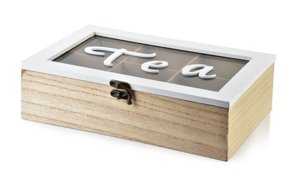 Mondex Úložný box na čaj Sadie s nápisem hnědo-bílý