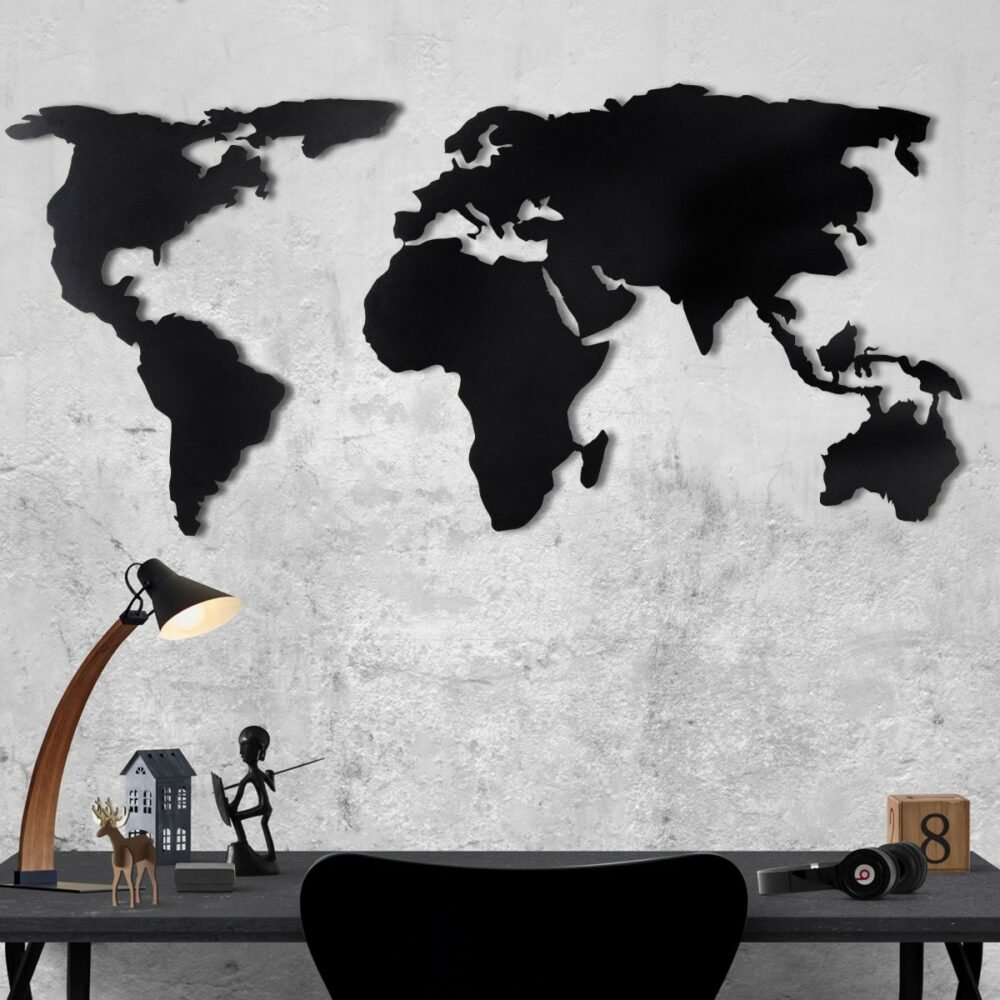 Hanah Home Nástěnná kovová dekorace Mapa světa 60x120 cm černá